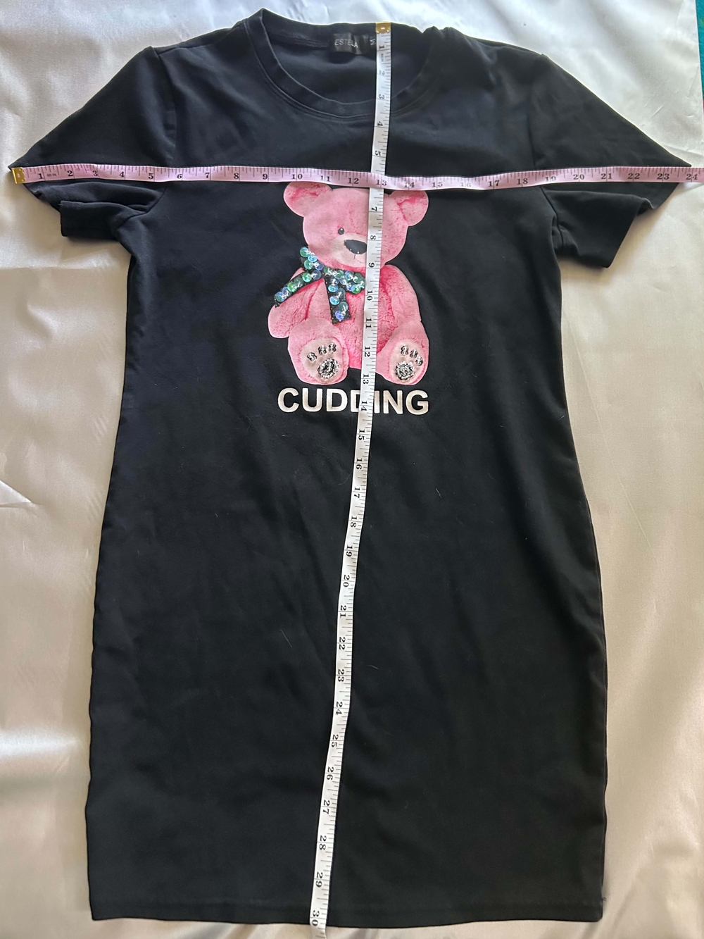 Black Casual Dress with Pink Teddy and Sequin Bow